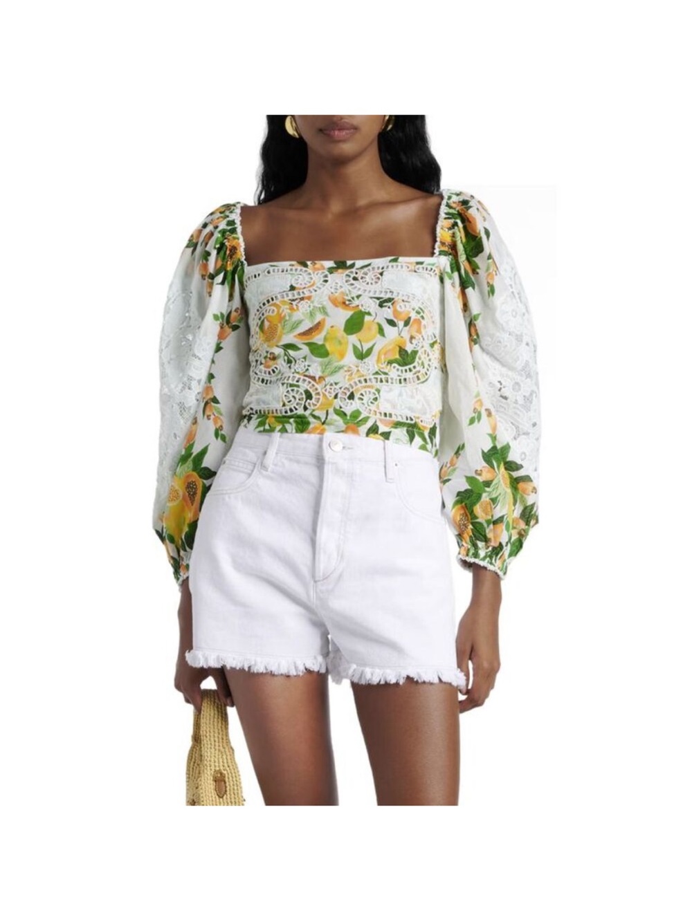 FARM Rio White Lemon-Print Square Neck Puff Sleeve Blouse